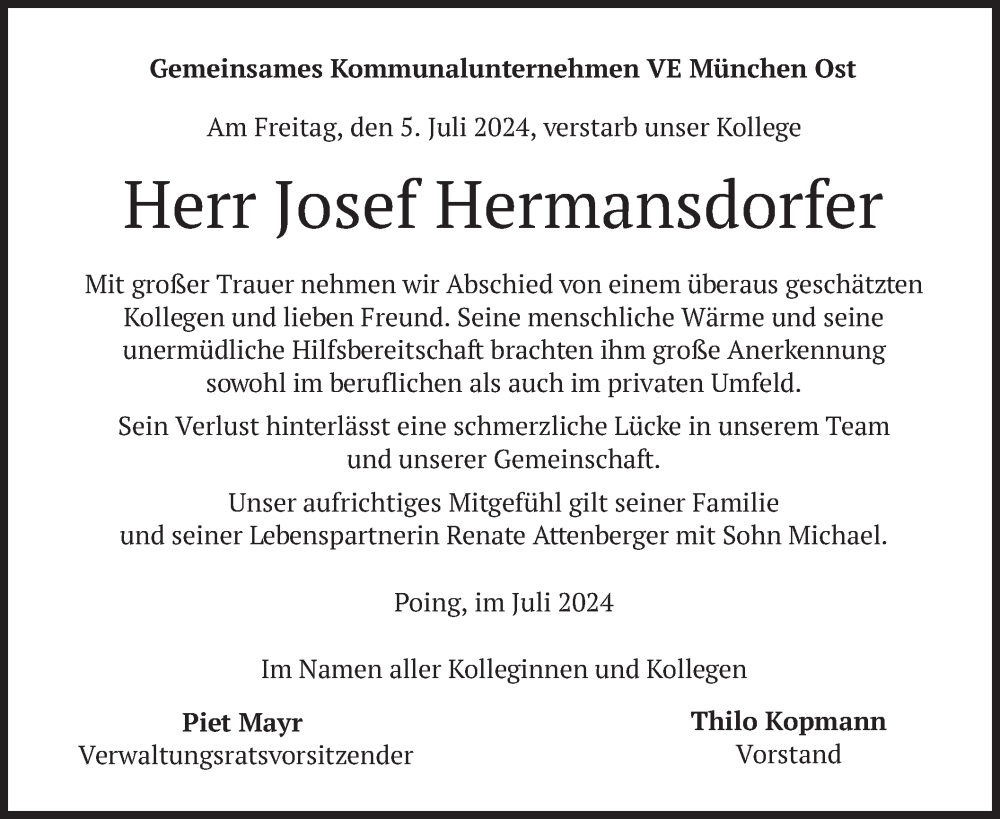  Traueranzeige für Josef Hermansdorfer vom 09.07.2024 aus merkurtz