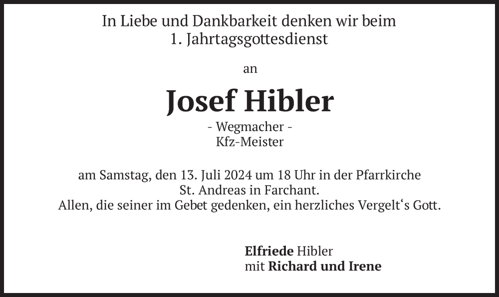  Traueranzeige für Josef Hibler vom 06.07.2024 aus merkurtz