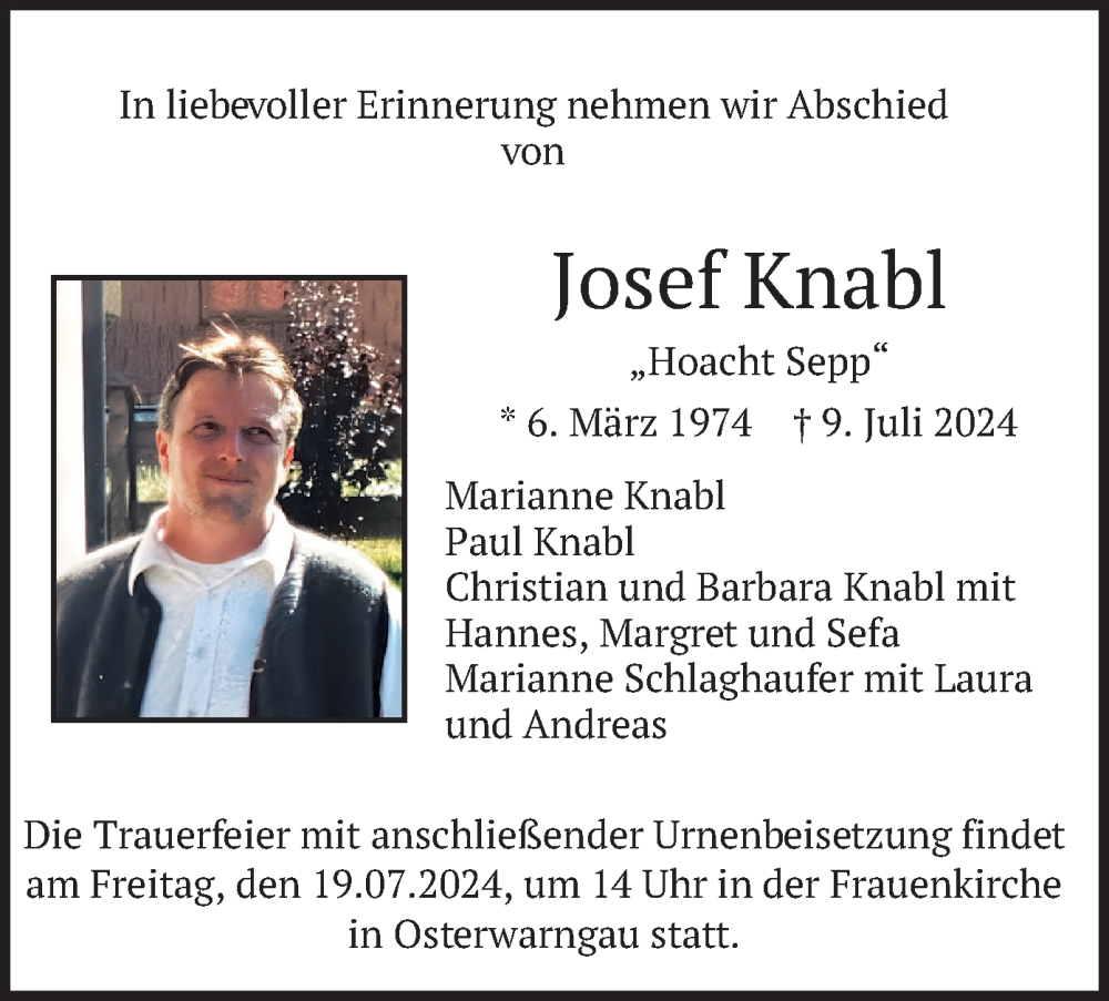  Traueranzeige für Josef Knabl vom 16.07.2024 aus merkurtz