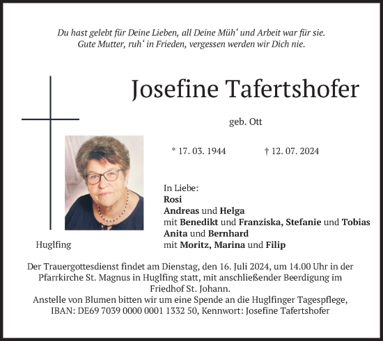Traueranzeige von Josefine Tafertshofer von merkurtz