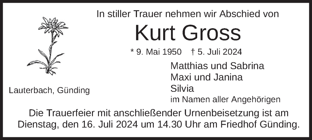  Traueranzeige für Kurt Gross vom 13.07.2024 aus merkurtz