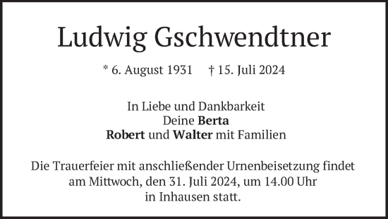 Traueranzeige von Ludwig Gschwendtner von merkurtz
