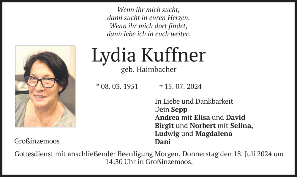  Traueranzeige für Lydia Kuffner vom 17.07.2024 aus merkurtz