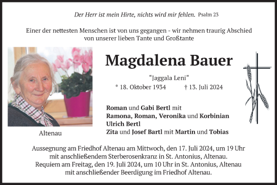 Traueranzeige von Magdalena Bauer von merkurtz