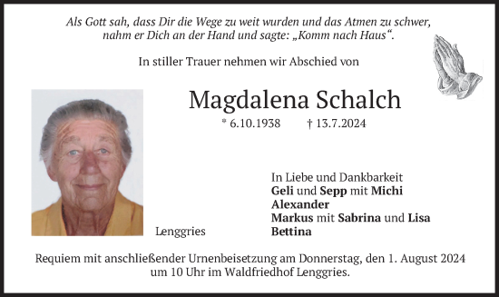 Traueranzeige von Magdalena Schalch von merkurtz