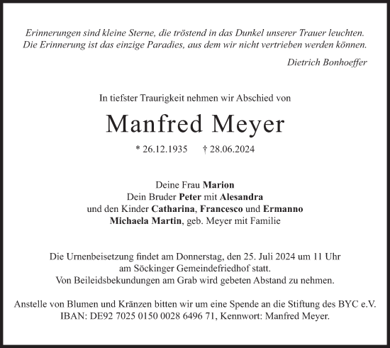 Traueranzeige von Manfred Meyer von merkurtz