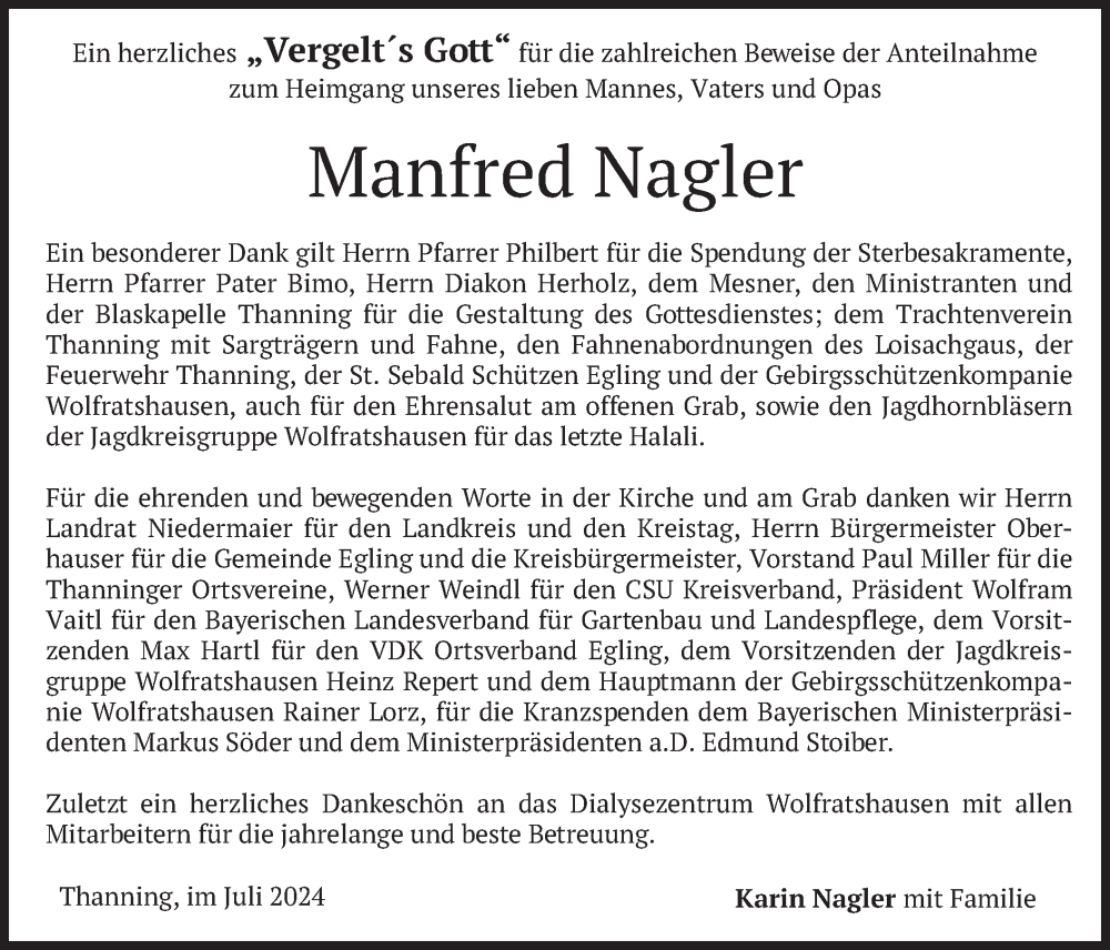  Traueranzeige für Manfred Nagler vom 20.07.2024 aus merkurtz