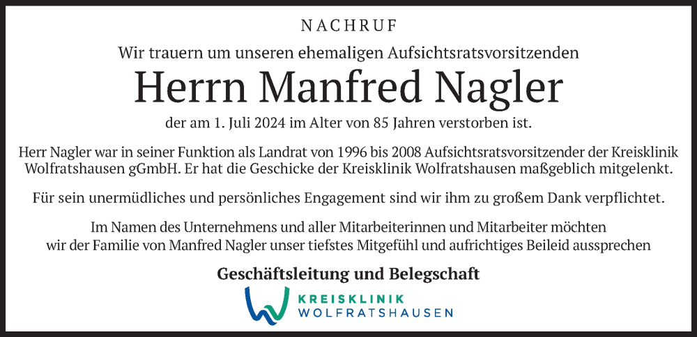  Traueranzeige für Manfred Nagler vom 16.07.2024 aus merkurtz