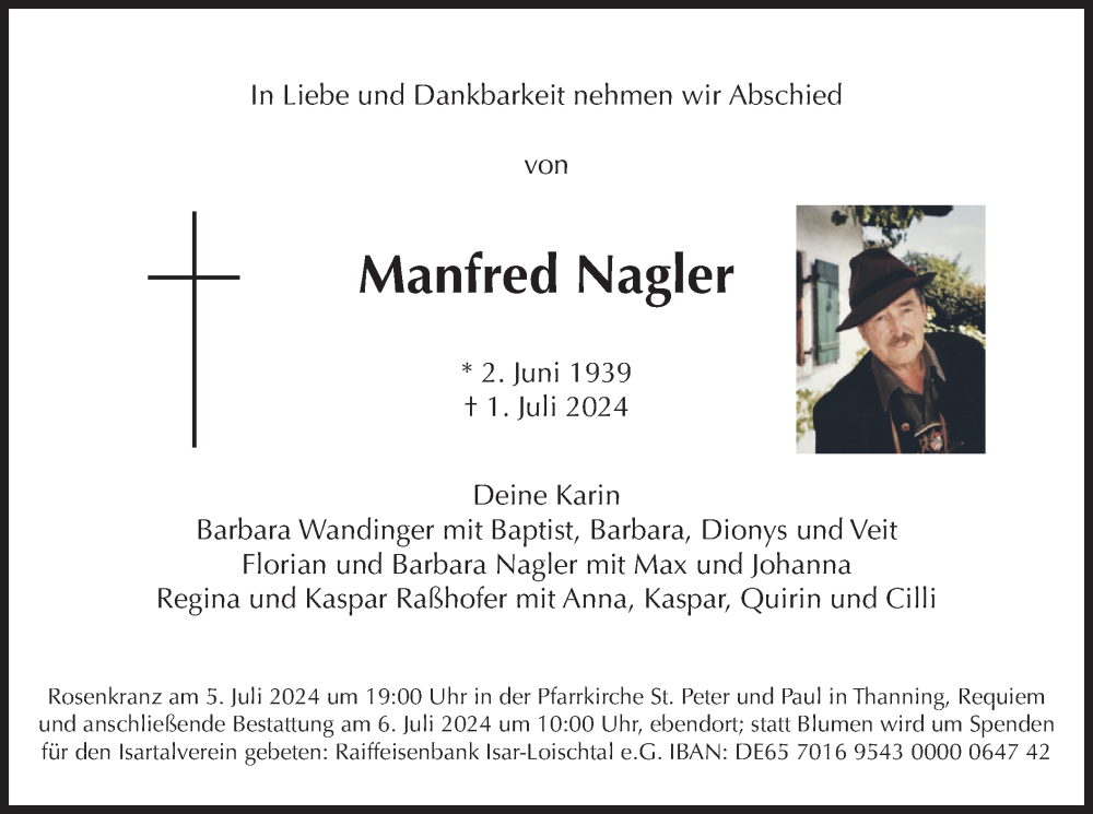  Traueranzeige für Manfred Nagler vom 03.07.2024 aus merkurtz