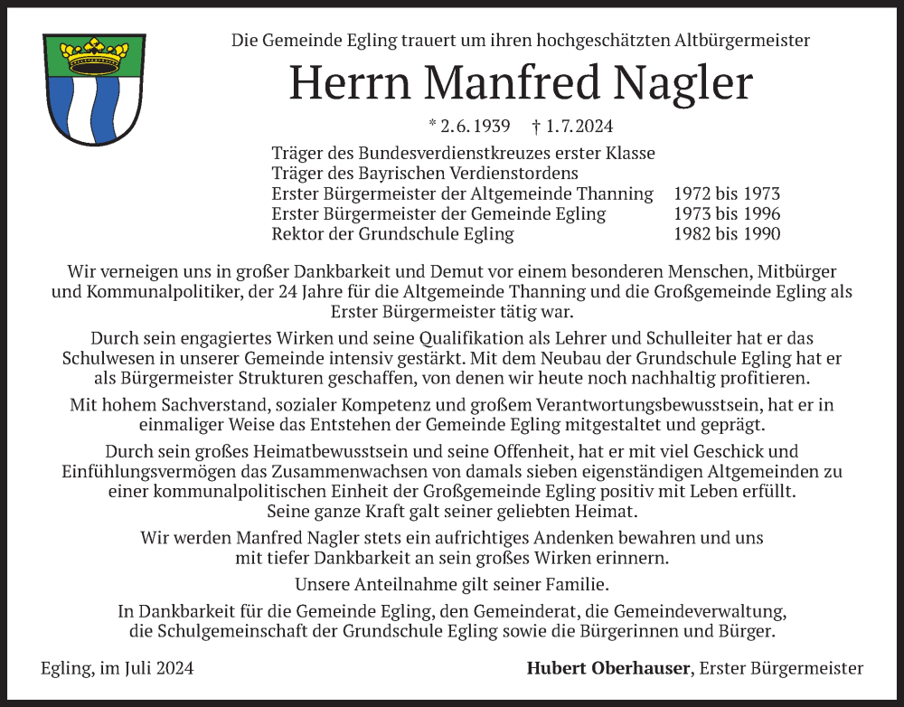  Traueranzeige für Manfred Nagler vom 04.07.2024 aus merkurtz