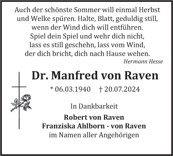 Traueranzeige von Manfred von Raven von merkurtz