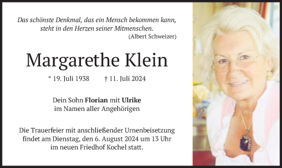 Traueranzeige von Margarethe Klein von merkurtz