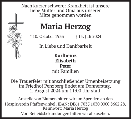 Traueranzeige von Maria Herzog von merkurtz