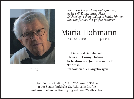 Traueranzeige von Maria Hohmann von merkurtz