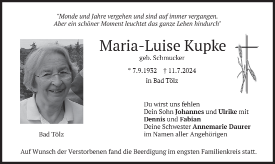 Traueranzeige von Maria-Luise Kupke von merkurtz