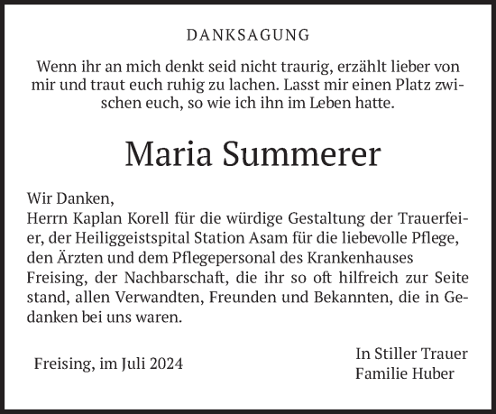 Traueranzeige von Maria Summerer von merkurtz