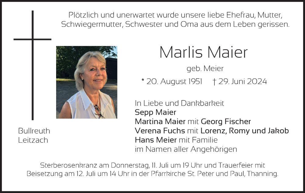  Traueranzeige für Marlis Maier vom 09.07.2024 aus merkurtz