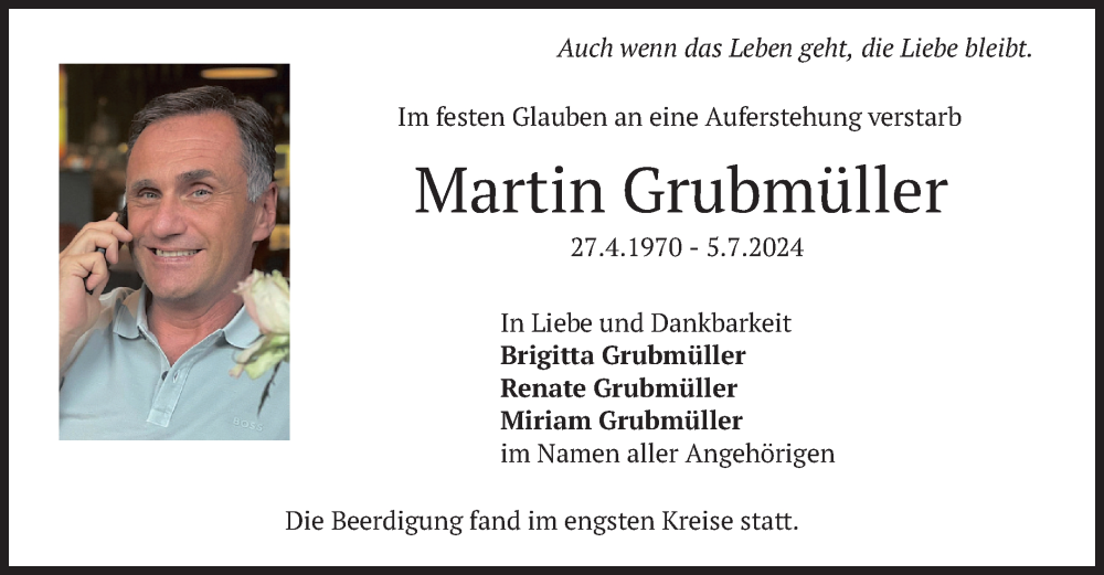  Traueranzeige für Martin Grubmüller vom 27.07.2024 aus merkurtz