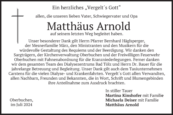 Traueranzeige von Matthäus Arnold von merkurtz