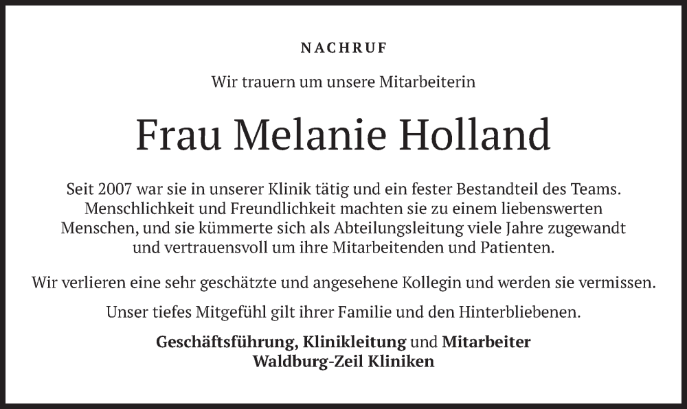  Traueranzeige für Melanie Holland vom 25.07.2024 aus merkurtz