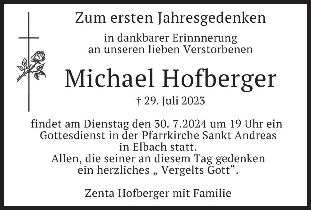  Traueranzeige für Michael Hofberger vom 27.07.2024 aus merkurtz