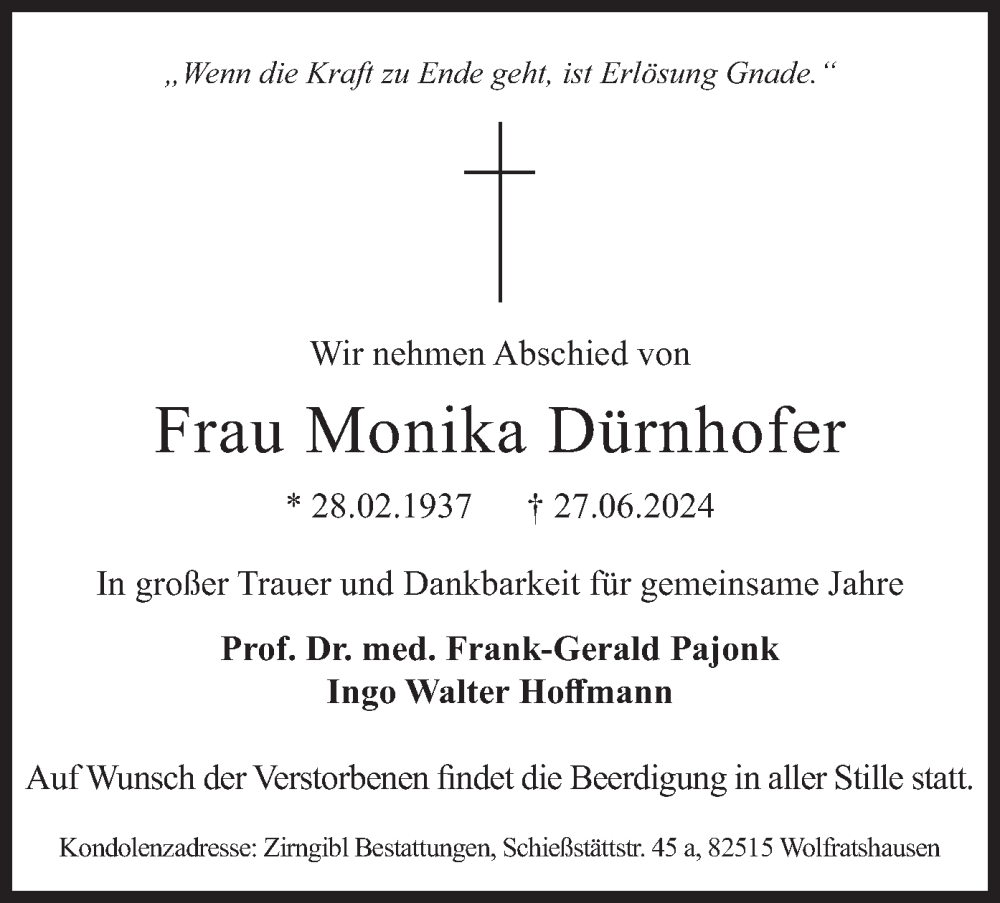  Traueranzeige für Monika Dürnhofer vom 06.07.2024 aus merkurtz