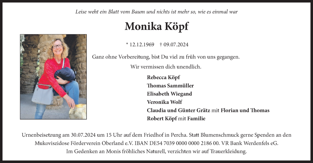  Traueranzeige für Monika Köpf vom 27.07.2024 aus merkurtz