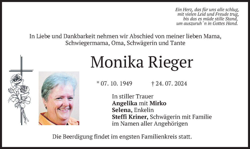  Traueranzeige für Monika Rieger vom 27.07.2024 aus merkurtz