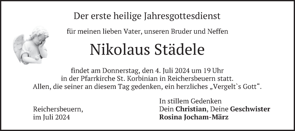  Traueranzeige für Nikolaus Städele vom 02.07.2024 aus merkurtz