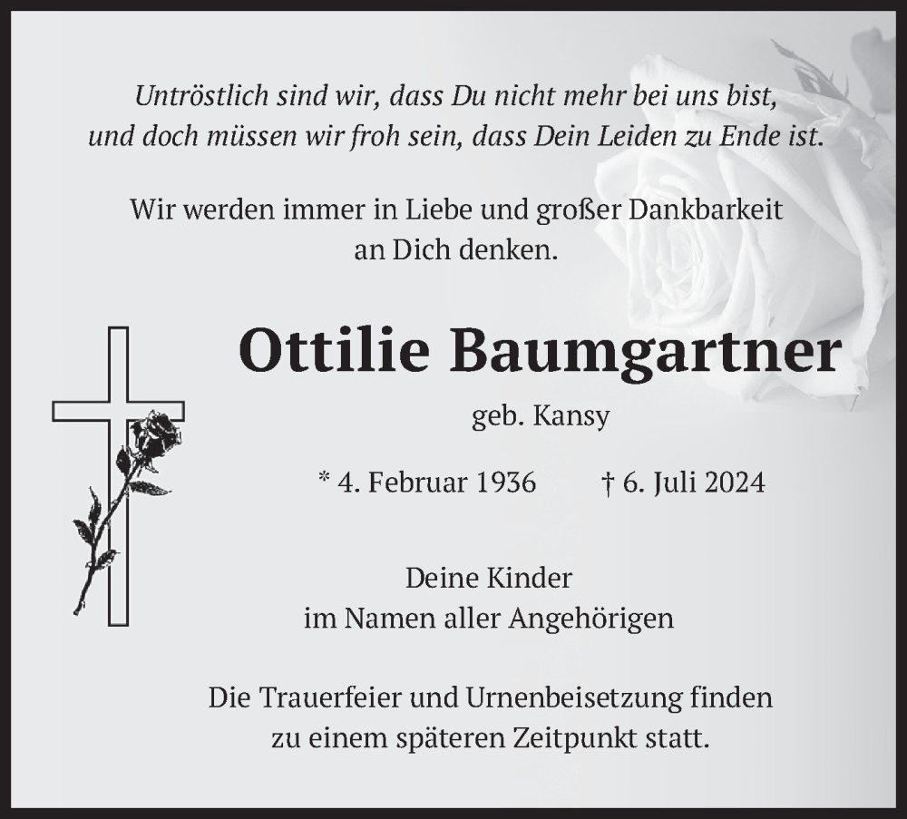  Traueranzeige für Ottilie Baumgartner vom 13.07.2024 aus merkurtz