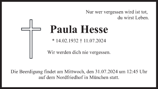 Traueranzeige von Paula Hesse von merkurtz