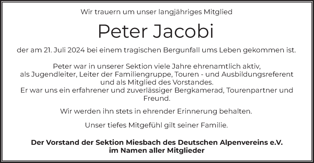  Traueranzeige für Peter Jacobi vom 31.07.2024 aus merkurtz