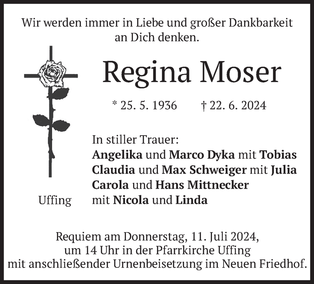  Traueranzeige für Regina Moser vom 06.07.2024 aus merkurtz