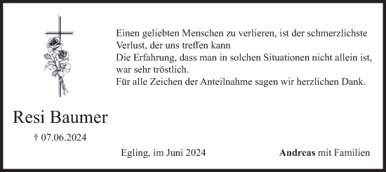 Traueranzeige von Resi Baumer von merkurtz