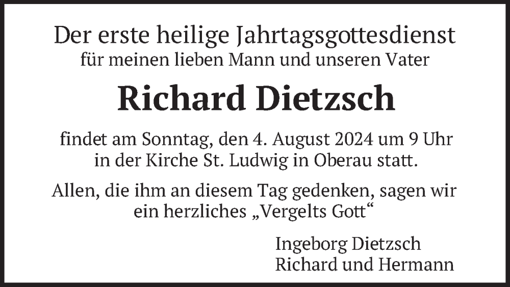  Traueranzeige für Richard Dietzsch vom 27.07.2024 aus merkurtz