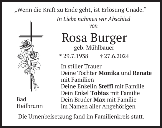 Traueranzeige von Rosa Burger von merkurtz