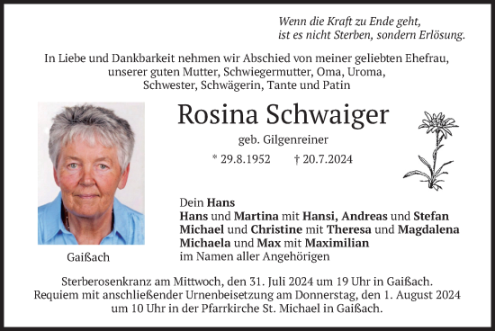 Traueranzeige von Rosina Schwaiger von merkurtz