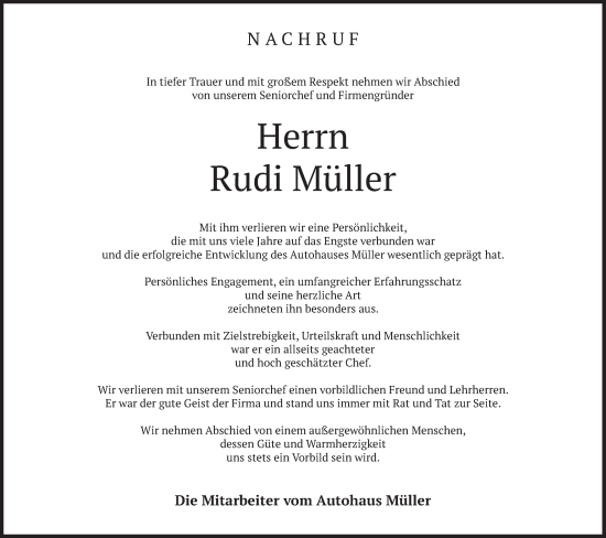 Traueranzeige von Rudi Müller von merkurtz