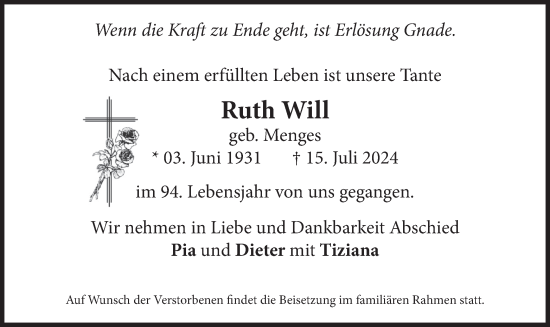 Traueranzeige von Ruth Will von merkurtz