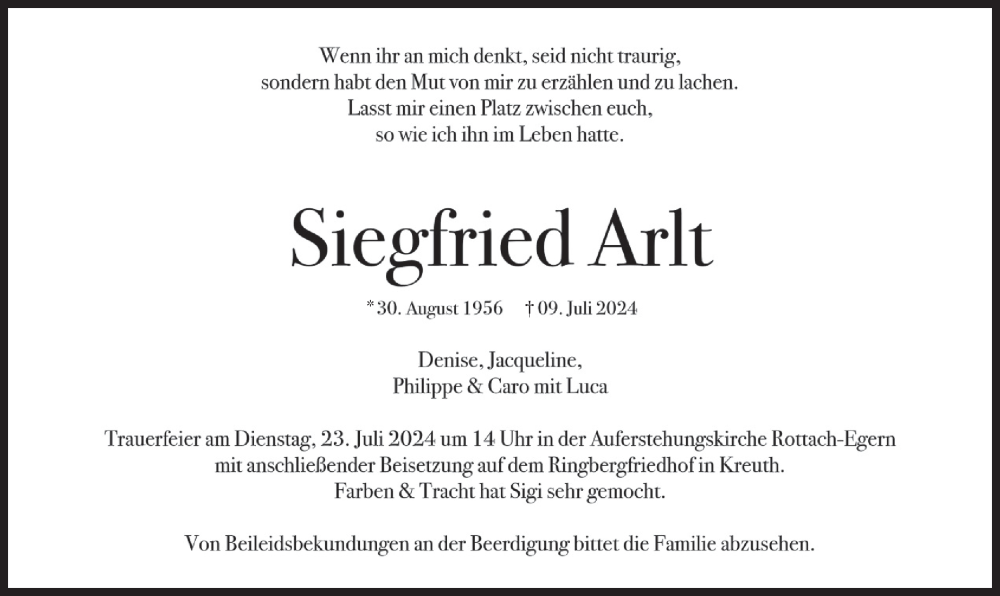  Traueranzeige für Siegfried Arlt vom 17.07.2024 aus merkurtz