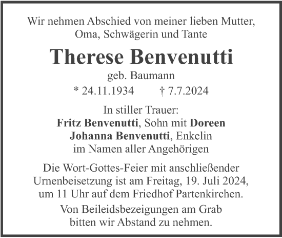 Traueranzeige von Therese Benvenutti von merkurtz