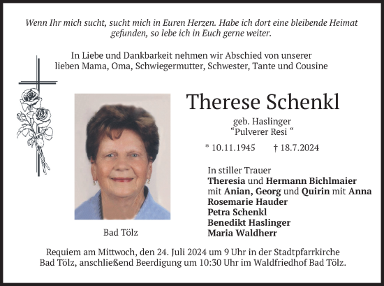 Traueranzeige von Therese Schenkl von merkurtz