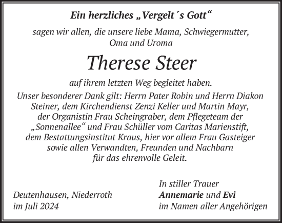 Traueranzeige von Therese Steer von merkurtz