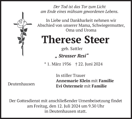Traueranzeige von Therese Steer von merkurtz