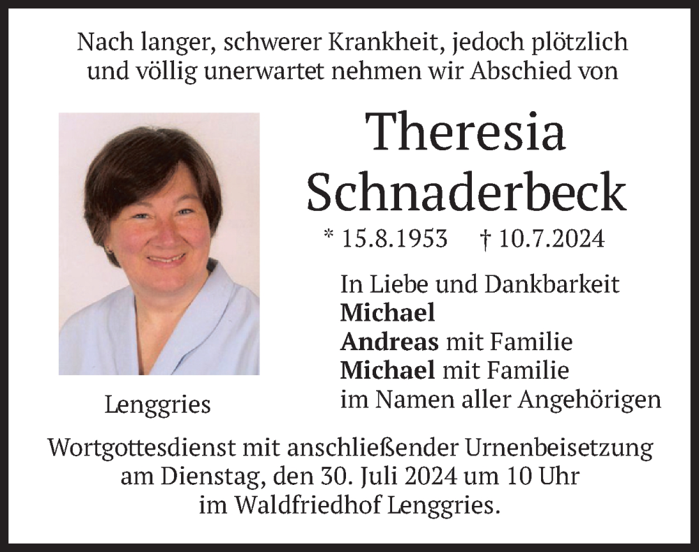 Traueranzeige für Theresia Schnaderbeck vom 27.07.2024 aus merkurtz
