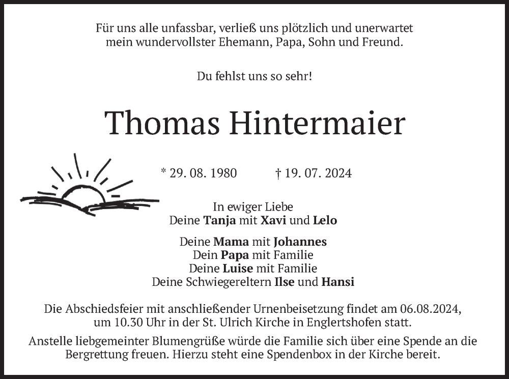  Traueranzeige für Thomas Hintermaier vom 27.07.2024 aus merkurtz