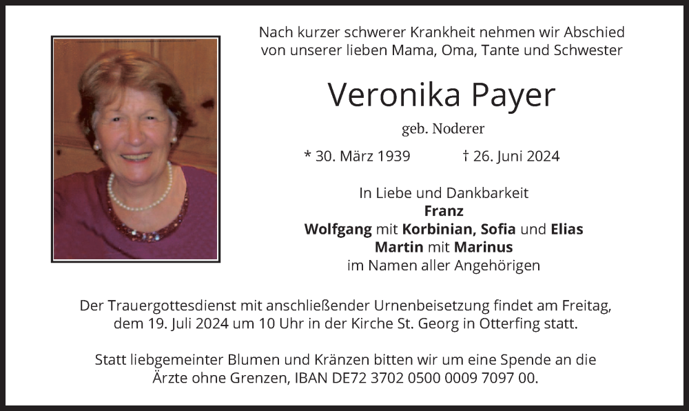  Traueranzeige für Veronika Payer vom 13.07.2024 aus merkurtz