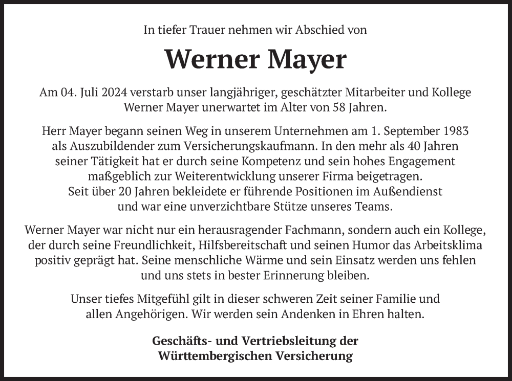  Traueranzeige für Werner Mayer vom 11.07.2024 aus merkurtz