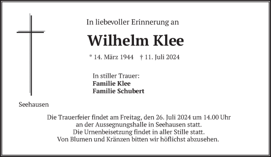 Traueranzeige von Wilhelm Klee von merkurtz