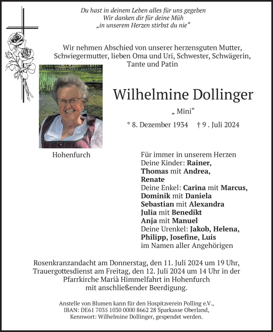 Traueranzeige von Wilhelmine Dollinger von merkurtz